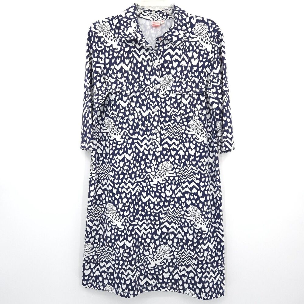 Persifor Winpenny shirt dress‎ Size M navy lion print stretch knit jersey